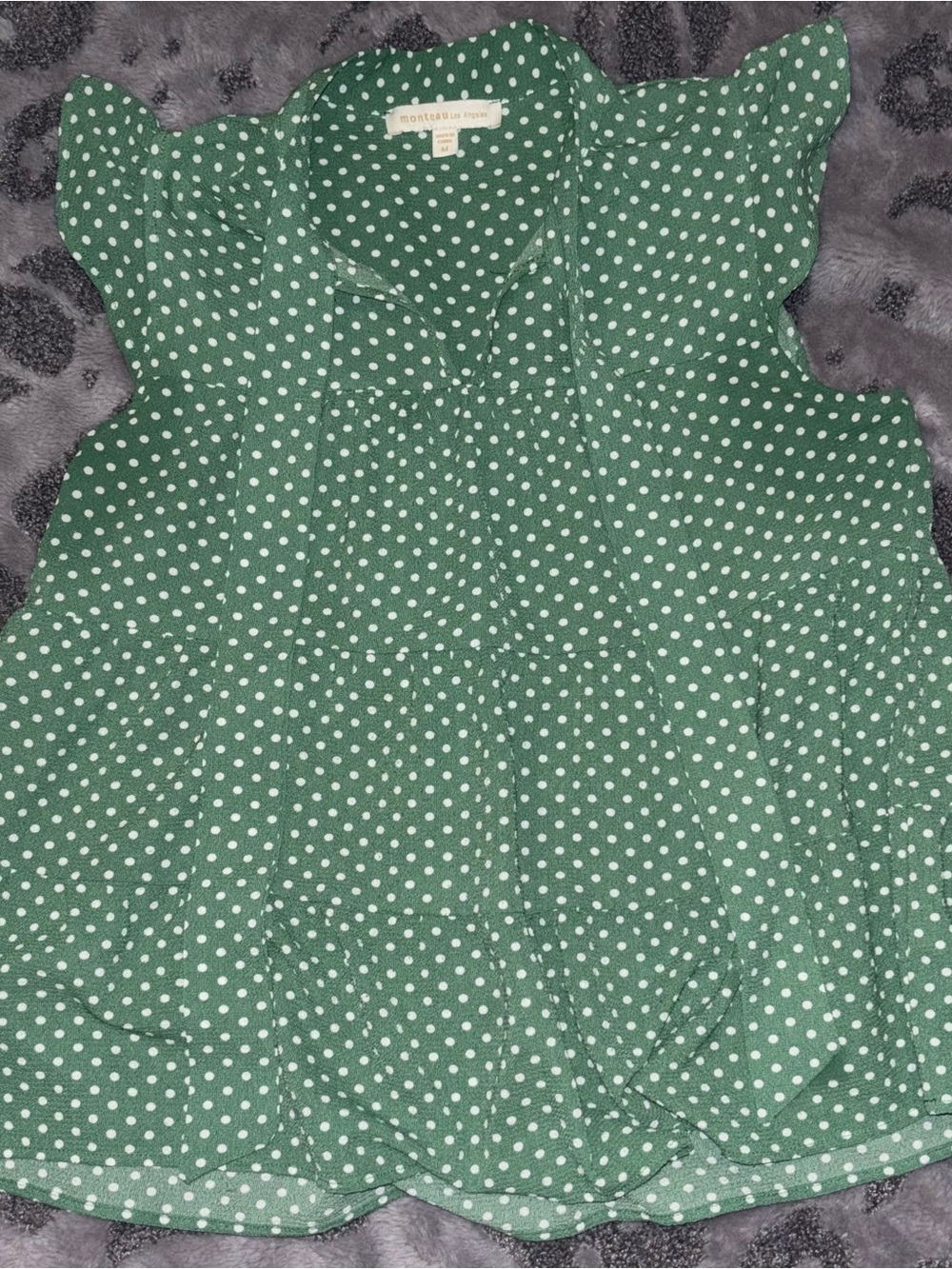 Monteau Los Angeles green sleeveless top with white polka dots! ~ medium.~